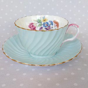Vintage 1950s Ansley Bone China Aqua Swirl/Ribbed Tea Cup and Saucer